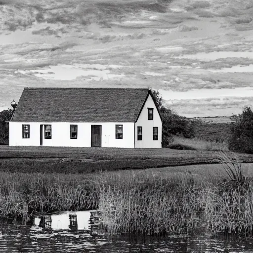 Image similar to black and white comic of a farmhouse beside a lagoon