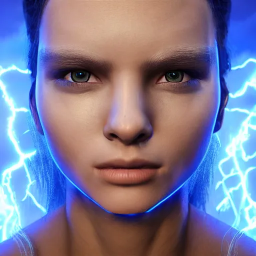 Image similar to photography of a hyper realistic highly detailed stunning expressive humanoid creature, controls complex and highly detailed blue lightning strikes as a super power. professionnal digital art, artstatiom, stuning, intricate, complex, unreal engine 5.