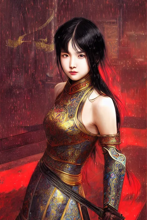 Prompt: portrait black hair young knights of Dynasty Warriors girl, metallic red mirror armor, in ruin chinese temple rooftop heavily rain sunrise, ssci-fi and fantasy, intricate and very beautiful and elegant, highly detailed, digital painting, soft light, artstation, concept art, smooth and sharp focus, illustration, art by tian zi and WLOP and alphonse mucha