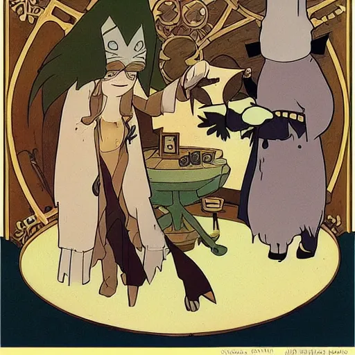 Image similar to anthropomorphic minks dressed as humans playing D&D, cartoon style, studio ghibli, mucha