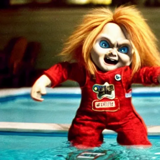 Image similar to chucky as a cool pool champ, movie still