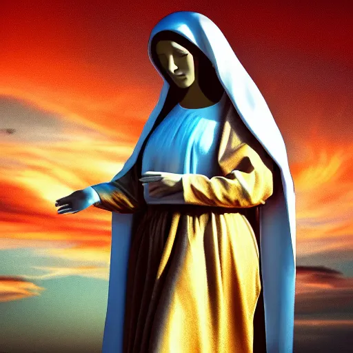 Prompt: a realistic digital photo of virgin mary as sunset clouds