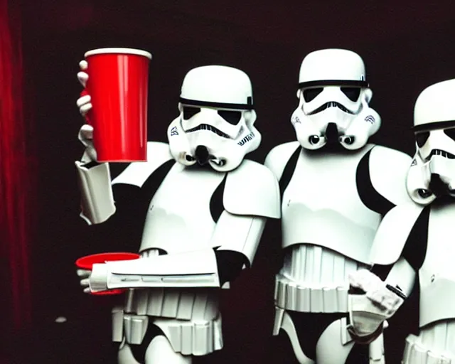 Prompt: stormtroopers playing beer pong holding red solo cups in tk-469s basement, 2003, disposable camera photo, cdx