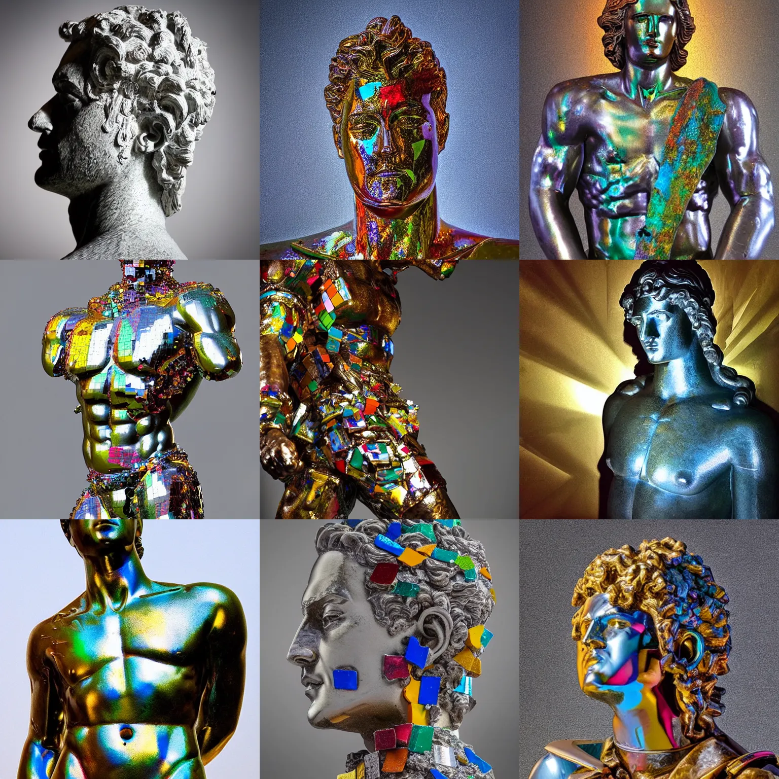 Prompt: “Apollo statue made of pieces of huge pieces of colored glass and chrome metal, detailed but rough, 4k photo, great light and shadows”