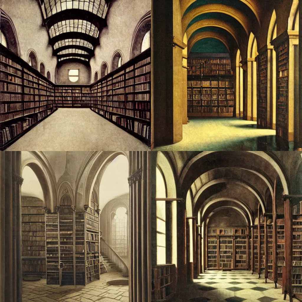 Prompt: the lost library of Atlantis, by Vilhelm Hammershøi. Vaulted archways and bookshelfs, with a flooded Victorian atrium