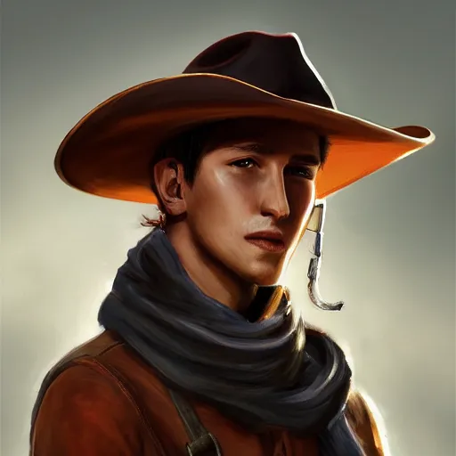 Image similar to a portrait of a teenager with a cowboy hat on with an American flag scarf, D&D, sci-fi, elegant, hopeful, muscular, highly detailed, digital painting, artstation, concept art, smooth, sharp focus, illustration