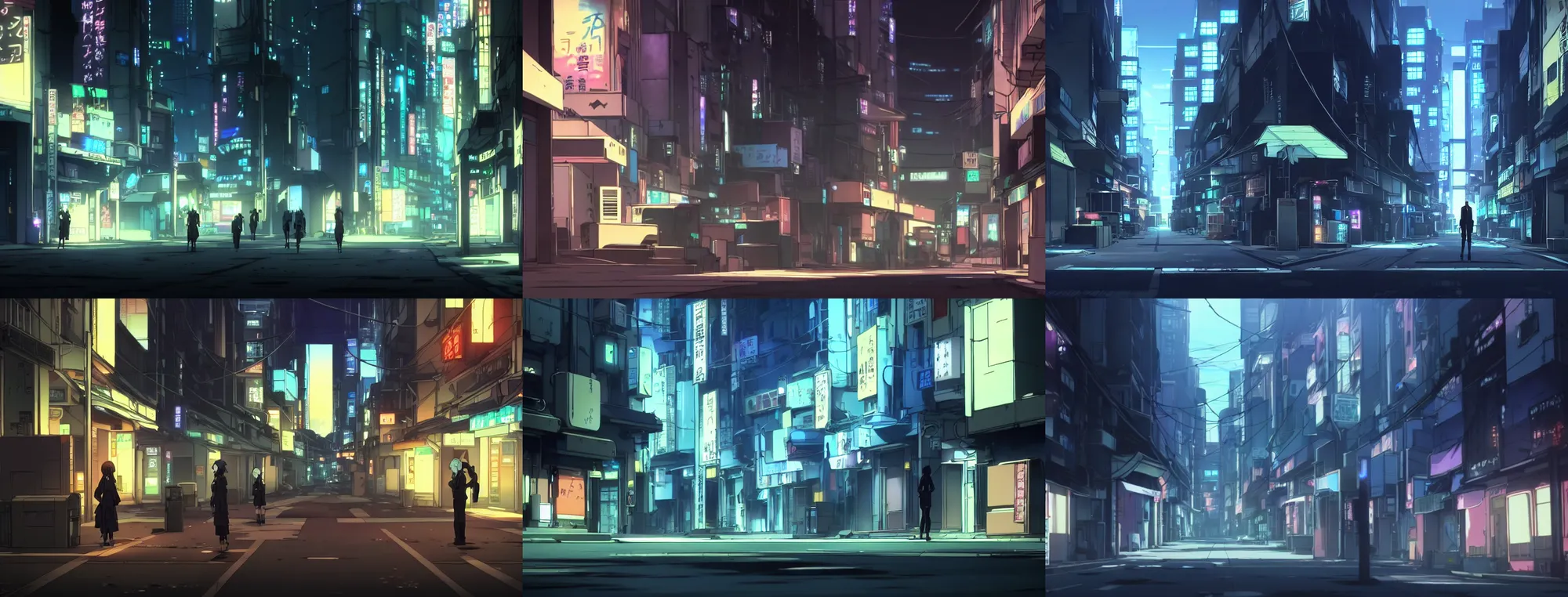 Prompt: a quiet city street in the atmospheric cyberpunk anime film at night with neon lights, by makoto shinkai, in the anime film ergo proxy