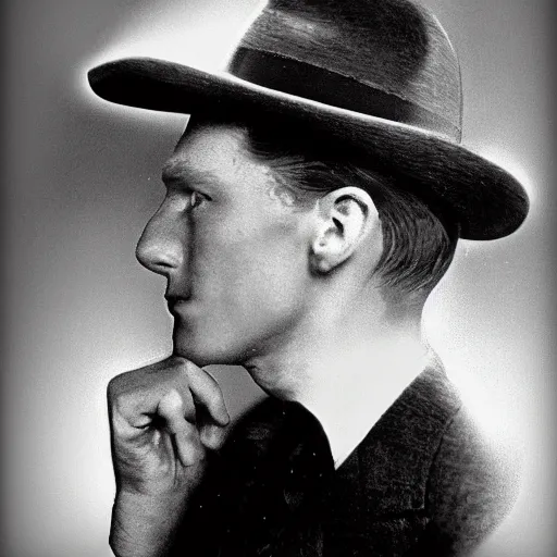 Image similar to A photograph portrait of Jerma985 wearing a suit with and fedora in the 1940s, taken in the early 1940s, grainy, taken on a 940s Kodak Camera, realistic, hyperrealistic, very realistic, highly detailed, very detailed, extremely detailed, detailed, digital art, trending on artstation