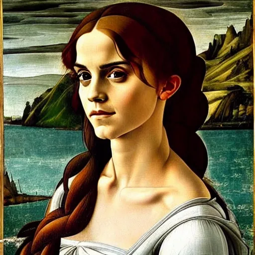 Prompt: Facial portrait. Emma Watson, looking at the camera, happy. awe inspiring mood, uplifting, extremely detailed painting. by Botticelli, Michelangelo and Leonardo da Vinci.