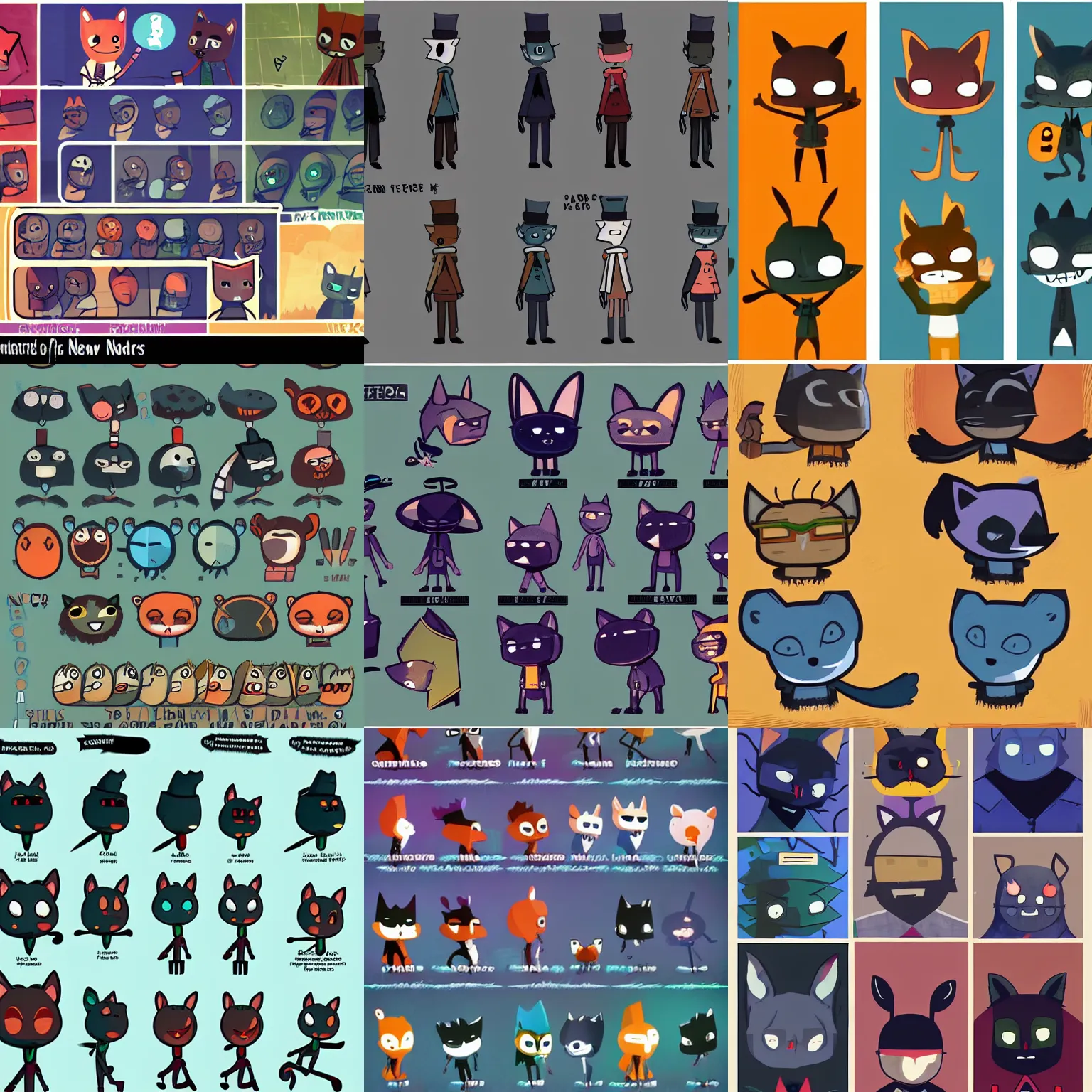 Prompt: character design sheets for new characters for night in the woods the video game