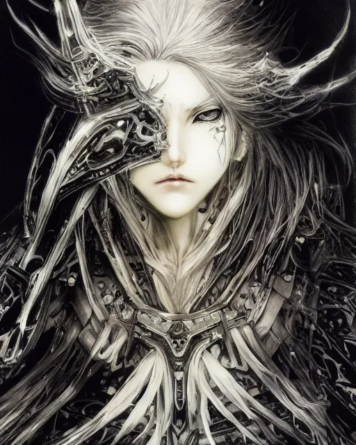 Image similar to Yoshitaka Amano realistic illustration of an anime girl with wavy white hair and cracks on her face wearing Elden ring armour with the cape fluttering in the wind, abstract black and white patterns on the background, noisy film grain effect, highly detailed, Renaissance oil painting, weird portrait angle