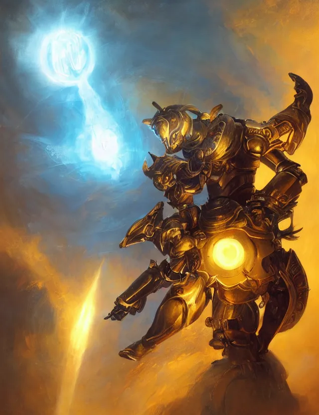 Prompt: full body, attack position Delphin Enjolras and Ruan Jia painting in lush fantasy environment of a ornate holy mechanical warforged with circular glowing eye, character in yellow armor holding a legendary paladin engraved holy great longsword and carrying a huge heavy paladin shield, vertically flat head, face in focus, epic , trending on ArtStation, masterpiece, cinematic lighting