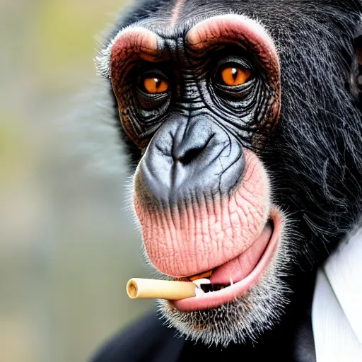 Image similar to a high detail shot of a chimp wearing a suit and smoking