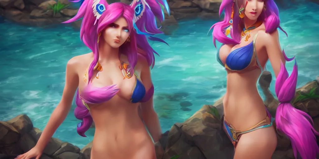 Image similar to beautiful character skin concept art of pool party Ahri (wild rift). 3d render, octane render, realistic, highly detailed, trending on artstation