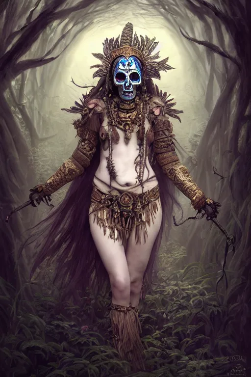 Image similar to A masterpiece ultrarealistic portrait of a Irristible angel princess tribal-shaman-knight-witch-ghost with Skull Iron mask. baroque renaissance girl in the night forest. medium shot, intricate, elegant, highly detailed. trending on artstation, digital art, by Stanley Artgerm Lau, WLOP, Rossdraws, James Jean, Andrei Riabovitchev, Marc Simonetti, Yoshitaka Amano. background by James Jean and Gustav Klimt, light by Julie Bell, 4k, porcelain skin.