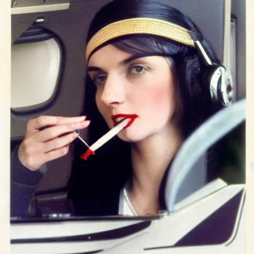 Image similar to a beautiful dark - haired girl piloting a concorde while smoking a gauloise 1 9 7 9 photo