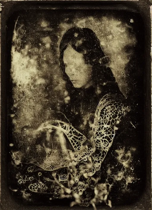 Image similar to old wetplate daguerreotype portrait, negative burn, explosion of data fragments, fractal, intricate, elegant, highly detailed, parallax, leica, medium format, subsurface scattering, by jheronimus bosch and greg rutkowski and louis jacques mande daguerre