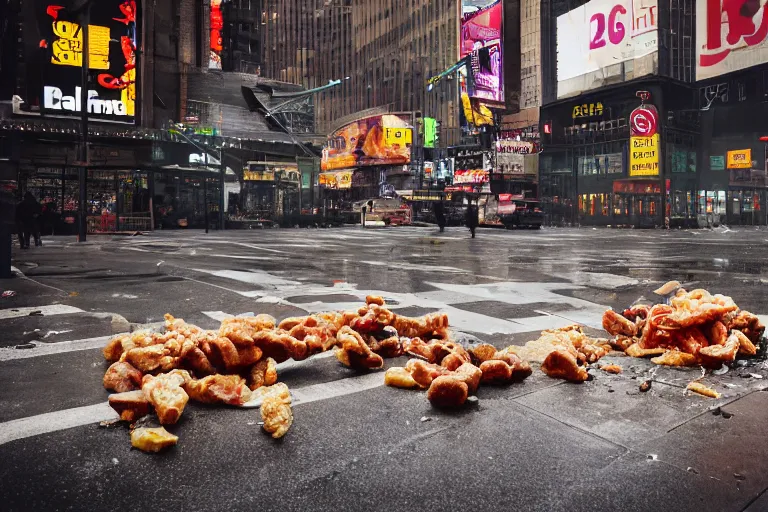 Prompt: commercial photography cinematic wide shot of fastfood falling down on the streets of new york, it's raining food