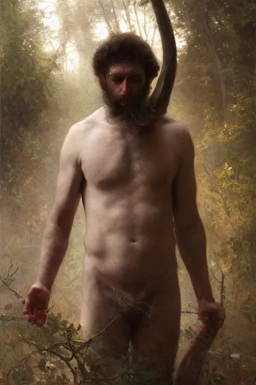 Image similar to Male primal hunter by Alyssa Monks, Bouguereau. full-shot, hyper realism, realistic proportions, dramatic lighting, high detail 4k