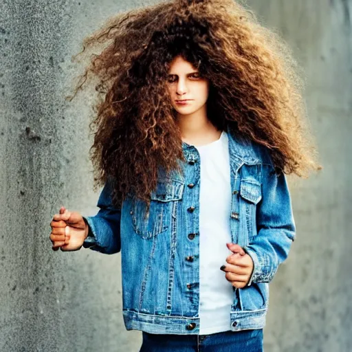 Prompt: teenage girl, long shaggy hair permed hair, double denim, heavy rocker, 2 0 2 2 photograph