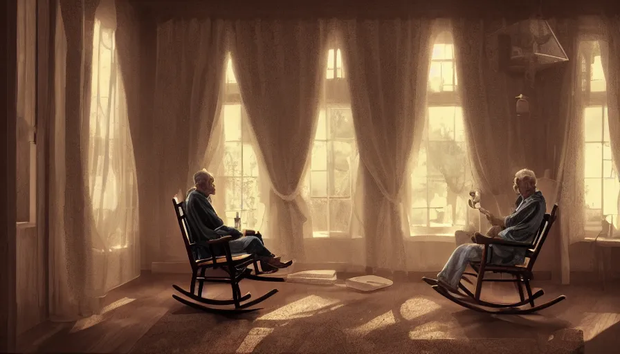 Prompt: Lonely old man on his rocking chair looking the sun at the windows of the living room of his old small house, hyperdetailed, artstation, cgsociety, 8k