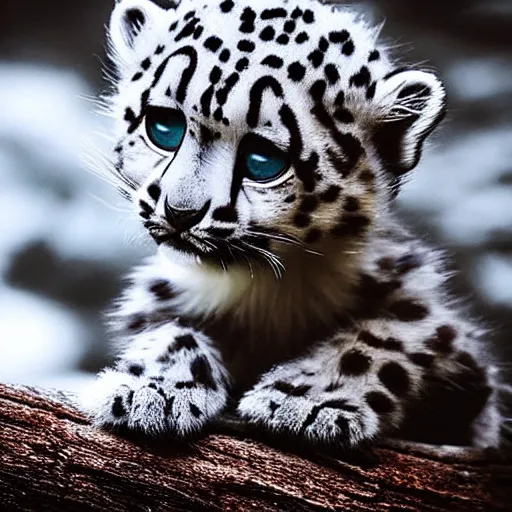 Image similar to very very very very very cute chibi baby snow leopard, portrait, pixar style, forest background, cinematic lighting, award winning creature portrait photography