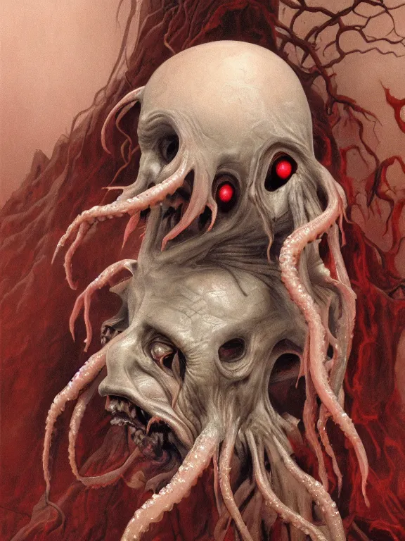 Image similar to wayne barlowe painting of a flying sorrowful looking severed human head with tears running down it's eyes, face that is chalk white in color, with long white tentacles stemming from it's neck, fiery scorching red eyes, background sprawling terrifying hellish cave with lava flowing through it's walls, 4 k