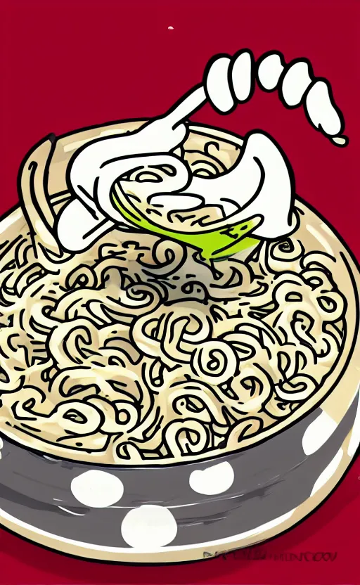 Prompt: A white elephant eats instant noodles, manga style.