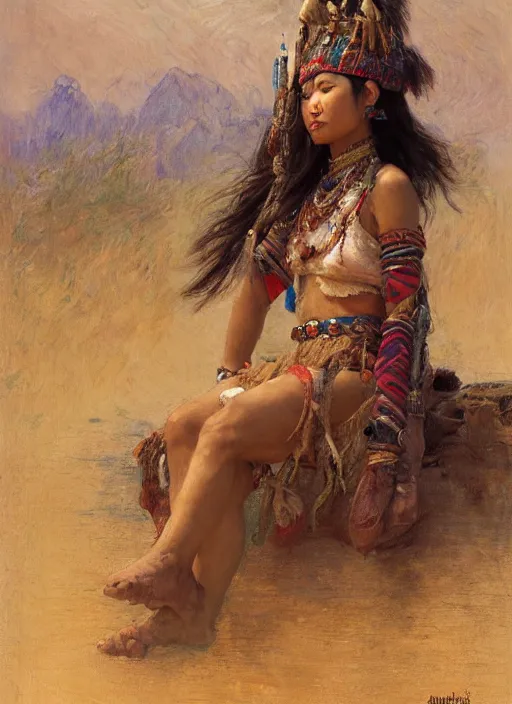 Image similar to portrait of the tribal ethnic asian female, sitting on top of a war elephante poses by gaston bussiere, anna nikonova aka newmilky, greg rutkowski, yoji shinkawa, yoshitaka amano, tsutomu niehi, impressionism, monet,