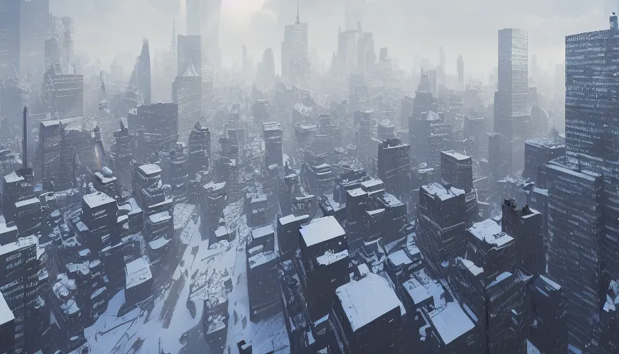 Prompt: New York City covered by ton of snow, wide view, volumetric light, hyperdetailed, artstation, cgsociety, 8k