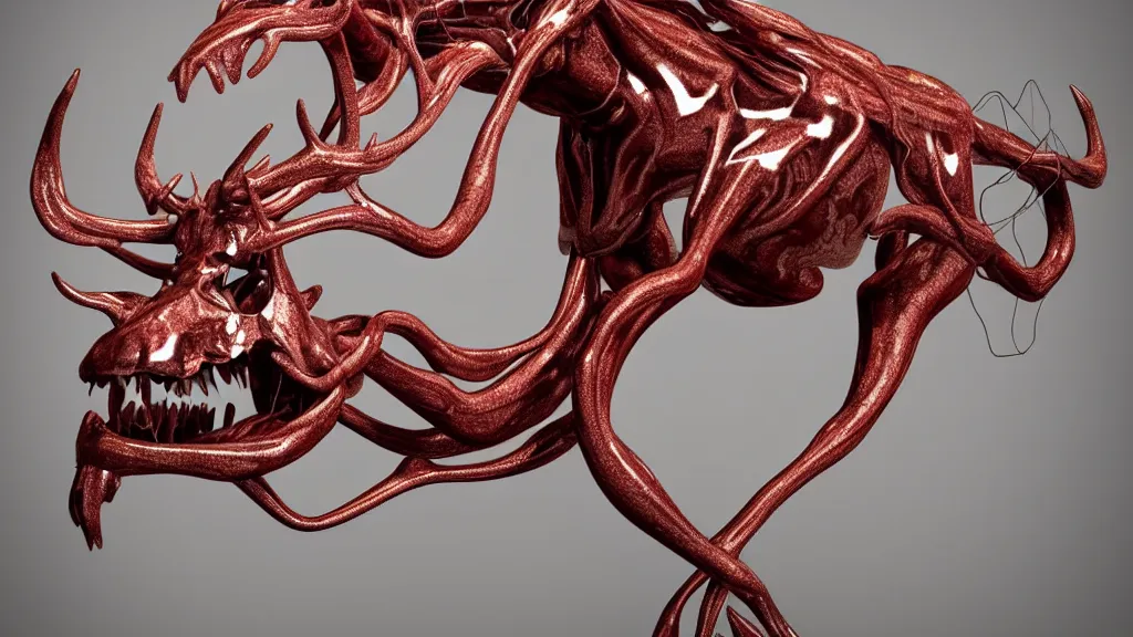 Prompt: stylized shiny polished silver statue full body bizarre extra limbs cosmic horror quadruped animal moose deer skull four legs made of marble of slug worm creature tendrils perfect symmetrical body perfect symmetrical face hyper realistic hyper detailed by johannen voss by michelangelo octane render blender 8 k displayed in pure white studio room anatomical deep red arteries veins flesh animatronic