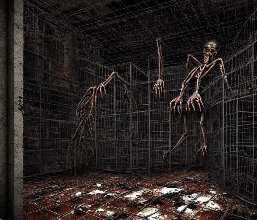 Prompt: creepy huge suffering humanoid with long limbs sits on the floor. An underground very dark gloomy multi-layered structure of rusty thick iron grates, dense chain-link fencing and peeling walls. Inside view, collapsed floors, bent rusted iron, masterpiece, black background, corners, cinematic, hyperdetailed, photorealistic, hyperrealism, octane render, 8k, depth of field, bokeh, architecture, shadows, art by Zdzisław Beksiński, Dariusz Zawadzki