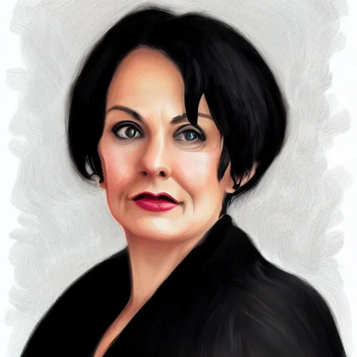Prompt: a digital portrait of a 55 year old with black hair,hazel green eyes, drawn in the style of mark Arian