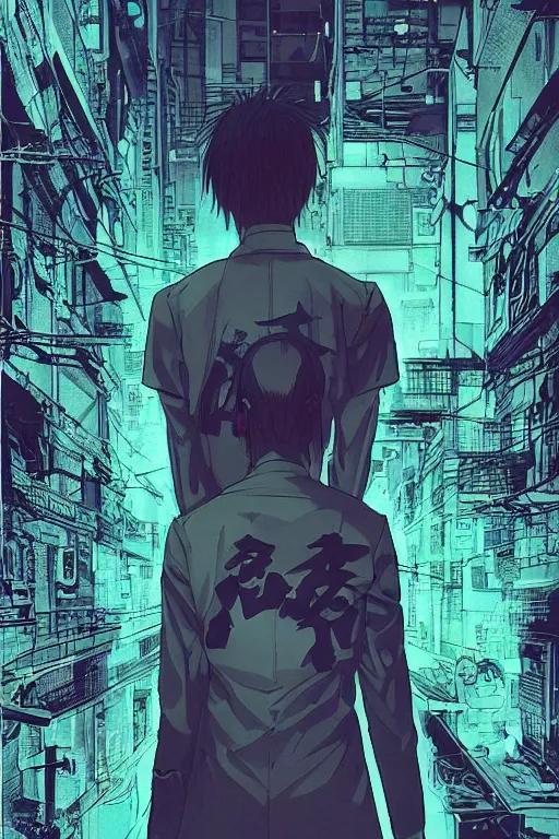 Prompt: professionally drawn seinen mature cyberpunk detective horror action manga comic cover about hinduism buddhism reincarnation, full color, beautifully drawn coherent professional, drawn by ilya kuvshinov, ilya kuvshinov, satoshi kon and tsutomu nihei. japanese script kanji hiragana on the cover. minimalist stylized cover art. blue blue cel shaded