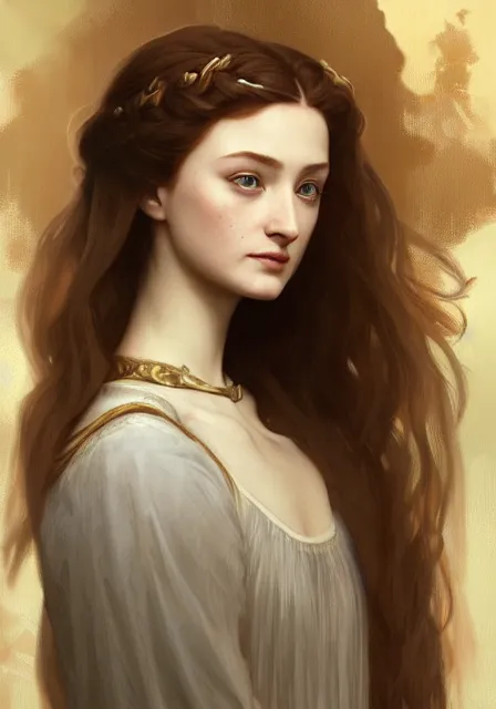 Image similar to portrait of little pretty sansa stark, intricate, elegant, highly detailed, digital painting, artstation, concept art, smooth, sharp focus, illustration, art by artgerm and greg rutkowski and alphonse mucha and william - adolphe bouguereau