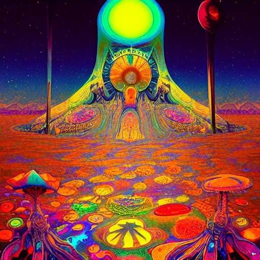 Prompt: An extremely psychedelic satellite photo of black rock city at night, colorful, surreal, dramatic lighting, magic mushrooms, psilocybin, LSD, map, detailed, intricate, elegant, highly detailed, digital painting, artstation, smooth, sharp focus, illustration, art by Krenz Cushart and Artem Demura and alphonse mucha