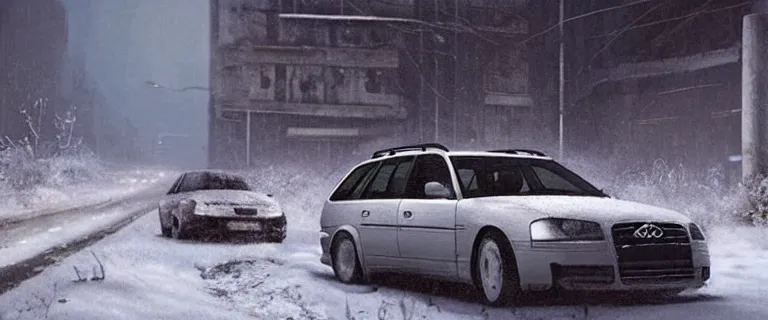 Image similar to Audi A4 B6 Avant (2002), a gritty neo-noir, dramatic lighting, cinematic, eerie person, death, homicide, homicide in the snow, gunshots, establishing shot, extremely high detail, photorealistic, cinematic lighting, artstation, by simon stalenhag, Max Payne (PC) (2001) winter New York at night, In the style of Max Payne 1 graphic novel, flashing lights, Poets of the Fall - Late Goodbye