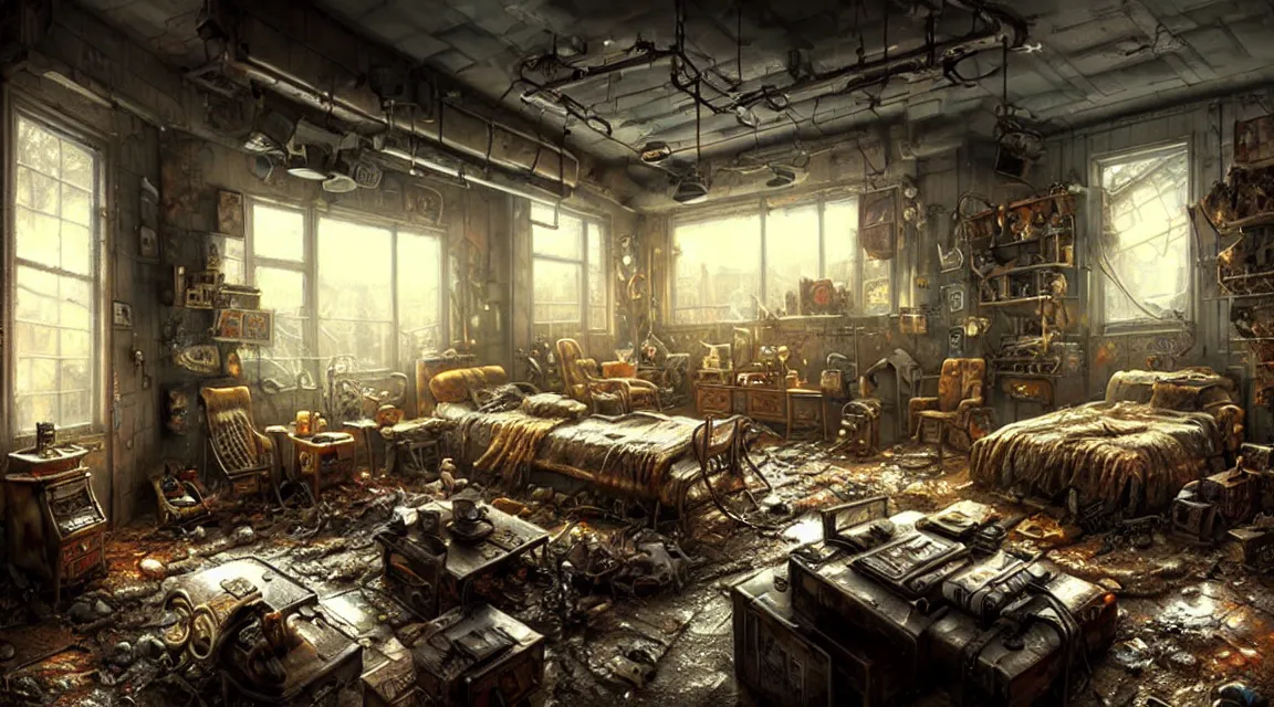 Prompt: post apocalyptic room interior, furniture, interior decoration, by thomas kinkade trending on artstation, photorealistic, hyper detailed, hyper realistic