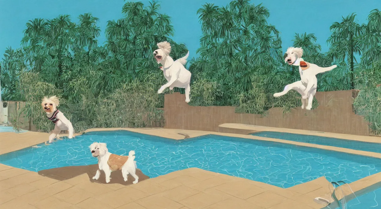 Image similar to medium shot of one cream colored havanese dog jumping from a diving board at a pool at a mid century modern house in palm springs oil painting by david hockney