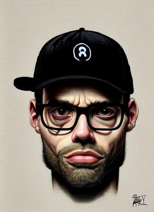 Prompt: highly detailed portrait of grumpy mr robot, baseball cap, overgrown stubble, old, thick square glasses, by atey ghailan, by greg rutkowski, by greg tocchini, by james gilleard, by joe fenton, by kaethe butcher, gradient brown, black and white color scheme, grunge aesthetic!!! ( ( graffiti tag wall background ) )