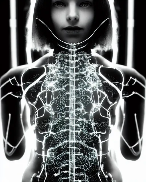 Prompt: black and white artistic photo, young female cyborg - plant goddess, microchip, artificial intelligence, bio - mechanical bio - luminescence, black wired cables, cinematic, rim light, photo - realistic, 8 k