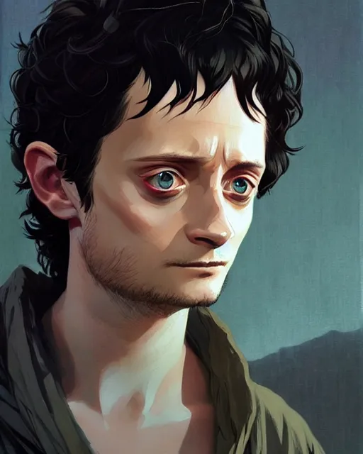 Image similar to poster Anime playing Elijah Wood as Frodo || cute-fine-face, pretty face, realistic shaded Perfect face, fine details. Anime. realistic shaded lighting by Ilya Kuvshinov katsuhiro otomo ghost-in-the-shell, magali villeneuve, artgerm, Jeremy Lipkin and Michael Garmash and Rob Rey Elijah Wood as Frodo