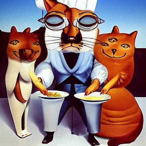 Image similar to anthropomorphic cats chef competing at the Masterchef TV show, by Salvador Dali