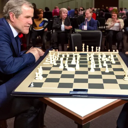 Image similar to actress rachel bloom playing chess against president george w. bush, 4 th game of world chess championship 2 0 2 1, super high quality digital photograph dslr