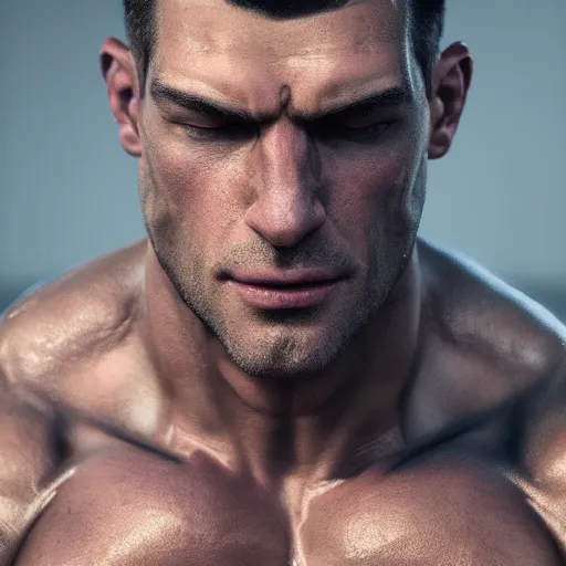 Prompt: a beautiful muscular man, close up portrait, aesthetic, oil painting, pale colors, high detail, 8 k, wide angle, octane render, trending on artstation,