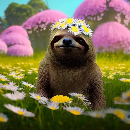 Prompt: a fairy sloth with a crown of daisies ,simon stålenhag, very highly detailed, award winning, rendered by Beeple, by Makoto Shinkai, syd meade, fantasy art concept, digital art, unreal engine, blender, WLOP, trending on artstation, 4K UHD image, octane render, cinematic style