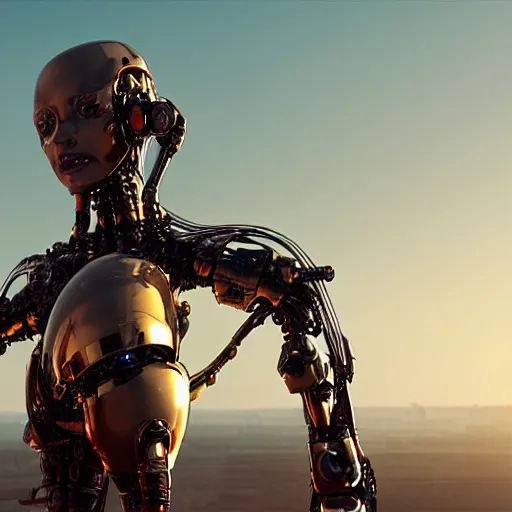 Prompt: a cybernetic symbiosis, cybernetic mech cyberpunk woman, organic ceramic fractal forms, golden hour lighting, film still from the movie directed by denis villeneuve with art direction by wayne barlowe and salvador dali, wide lens