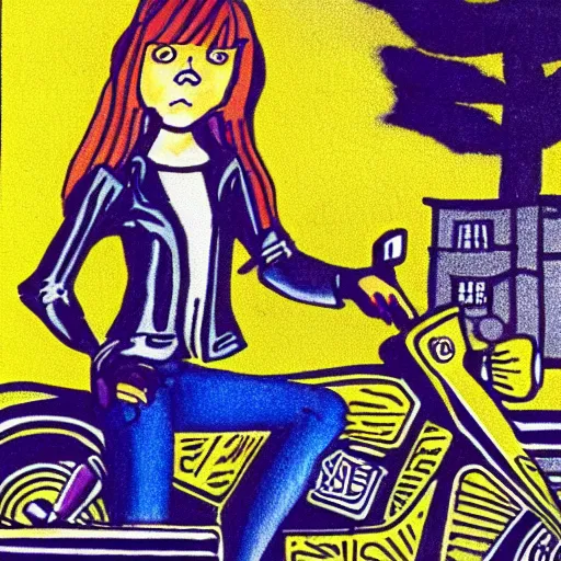 Image similar to a color ink drawing by escher of a slender beautiful woman with straight ginger hair and bangs, wearing purple leathers and gold helmet, posing with large ginger tabby and raccoon on a motorcycle in front yard, holding toasted brioche bun, dramatic lighting