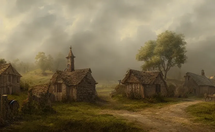 Prompt: matte painting of a countryside landscape of a 1 8 th century village. gloomy, fog, elaborate, detailed digital art trending in artstation