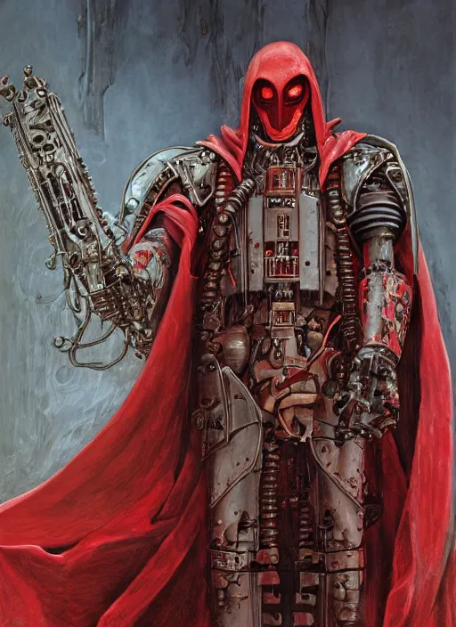 Image similar to portrait of rotten Nicolas Cage as adeptus mechanicus in red hood and robe from Warhammer 40000. Highly detailed, artstation, illustration by and John Blanche and zdislav beksinski and wayne barlowe